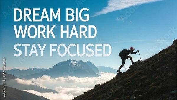 Obraz Motivational concept with a hiker climbing a mountain to succeed.