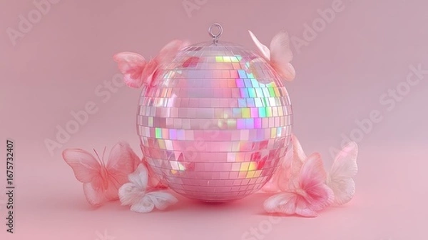Fototapeta A glistening pink disco ball is surrounded by delicate pastel butterflies against a soft pink backdrop.