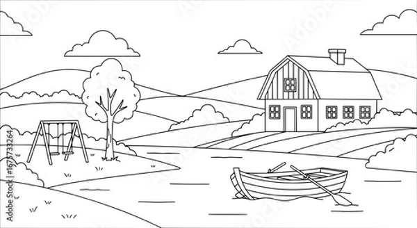 Fototapeta Scenic lakeside landscape with house and boat with transparent background