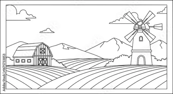Fototapeta Windmill farm landscape with transparent background