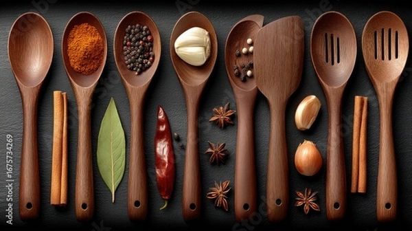 Fototapeta A refined arrangement of wooden cooking utensils and assorted spices, arranged artfully on a dark surface, conveying a sense of culinary inspiration.