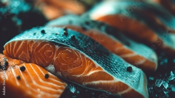 Obraz Close-up view of fresh salmon fillets, showcasing the vibrant orange flesh and dark scales, with peppercorns scattered on the surface.