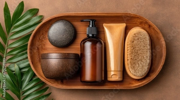 Fototapeta Natural spa products arranged in a wooden tray with tropical foliage.