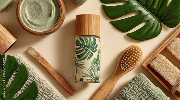 Obraz A flat lay showcasing sustainable, eco-friendly bath and body products, including a bamboo bottle, face mask, brush, and towels, all arranged on a light beige background.