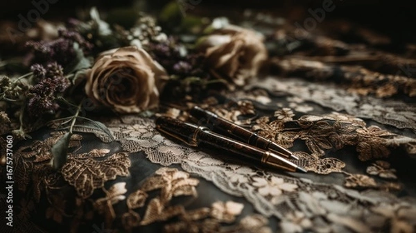 Obraz Elegant, dark-toned pens rest on a rich, embroidered lace fabric, accompanied by a delicate bouquet of blush-colored roses and deep purple flowers.