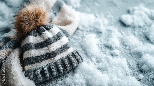 Obraz A striped winter hat with a faux fur pom-pom rests on a bed of fresh snow, evoking a cozy and wintery scene.