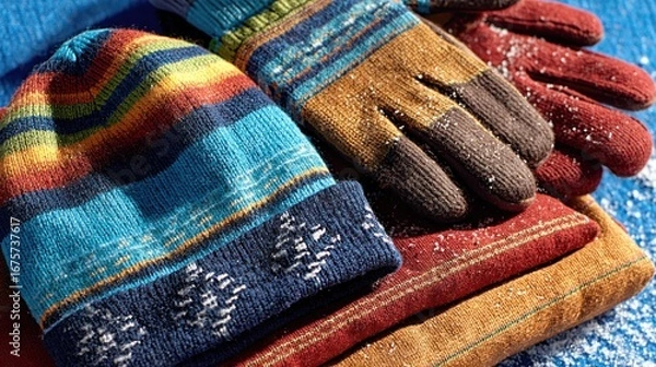 Fototapeta Vibrant multicolored knit winter accessories, including a beanie and gloves, layered on a surface covered in a light dusting of snow.