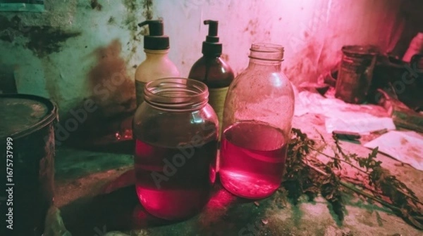 Obraz Various glass containers filled with vibrant magenta liquids sit on a weathered surface, illuminated by a muted, reddish-purple light.