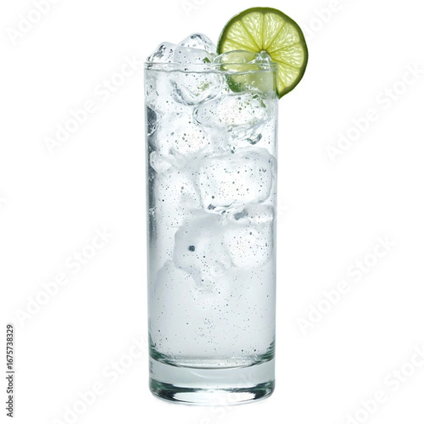 Fototapeta Refreshing Vodka Soda beverage with ice and lime in a tall glass Clean crisp and isolated on white, isolated