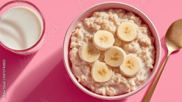 Fototapeta A light and healthy breakfast of oatmeal topped with banana slices, served with milk in a pink bowl.