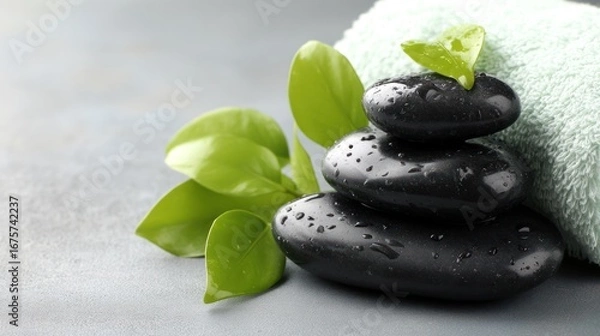 Obraz A serene display of stacked black stones, fresh green leaves, and a soft mint-colored towel, creating a tranquil spa-like atmosphere.