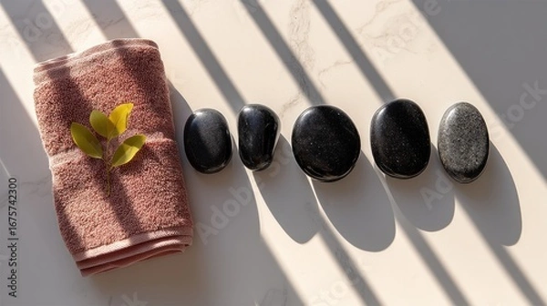 Fototapeta A soft, mauve towel, a sprig of yellow leaves, and dark stones arranged on a light beige surface create a tranquil spa-like scene.