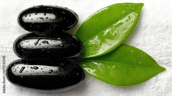 Fototapeta Three smooth, black stones rest atop each other, juxtaposed with vibrant green leaves, evoking a sense of tranquility and natural beauty.