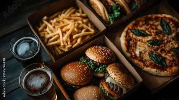 Obraz A selection of takeout food including burgers, pizza, and french fries, presented in cardboard boxes, with glasses of beer.