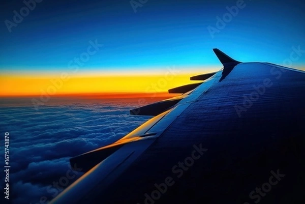 Fototapeta View of an airplane wing flying above a sea of clouds at sunset with vibrant orange and blue sky hues