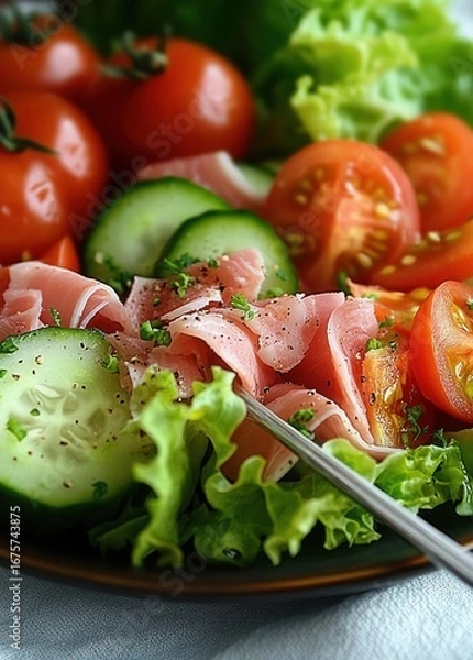 Fototapeta Fresh salad with sliced cucumber, cherry tomatoes, leafy lettuce, and thin slices of cured meat sprinkled with black pepper and herbs, served on a dark plate