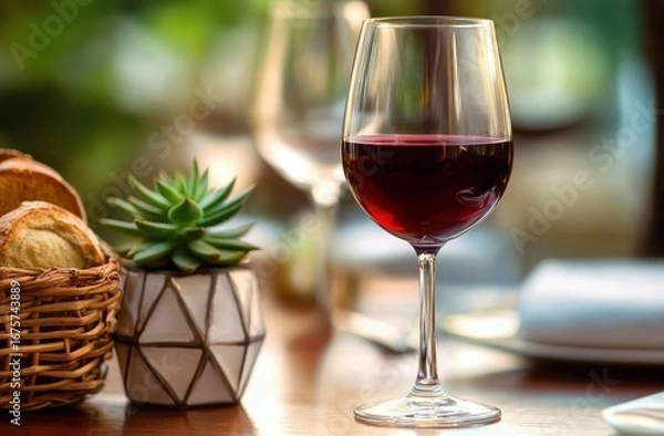 Fototapeta Close-up of a glass of red wine on a wooden table next to a small geometric ceramic pot with a green succulent plant and a wicker basket with bread slices, soft natural light creates a cozy atmosphere