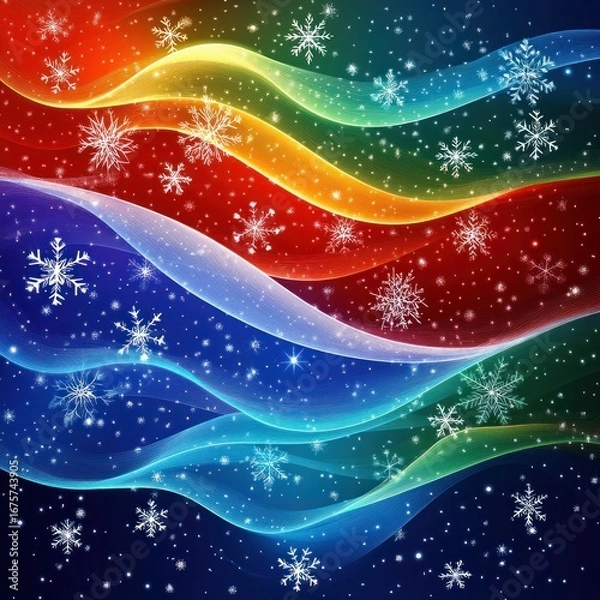 Fototapeta Colorful flowing waves with glowing snowflakes and sparkling stars on a dark background creating a festive and magical winter atmosphere