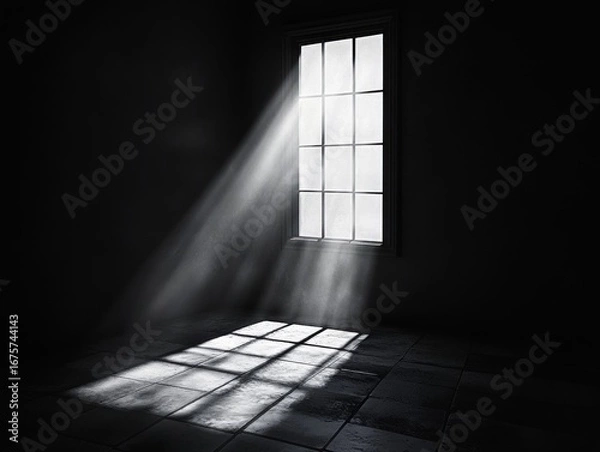Fototapeta Sunlight streaming through a window casting grid-patterned shadows onto a tiled floor in a dark, empty room evoking a calm and contemplative atmosphere