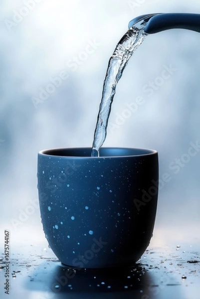 Fototapeta Clear water being poured from a faucet into a dark blue ceramic cup with water droplets on the surface and reflective water on the table beneath