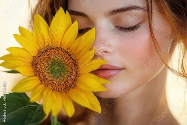 Fototapeta Close-up of a young woman with closed eyes gently holding a vibrant yellow sunflower against her face expressing calmness and serenity