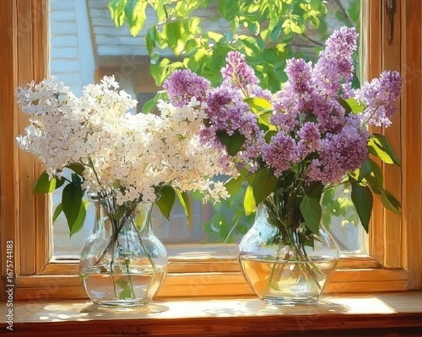 Fototapeta Two glass vases filled with white and purple lilac flowers placed on a wooden windowsill with sunlight streaming through the window highlighting fresh green leaves outside