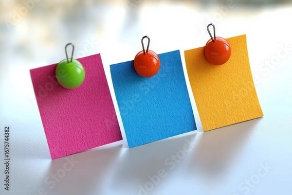 Fototapeta Three colorful square paper notes pinned with round colored push pins on a smooth white surface in soft natural light
