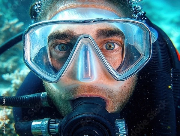 Fototapeta Close-up of a scuba diver underwater wearing a diving mask and breathing apparatus with intense eyes visible through the mask