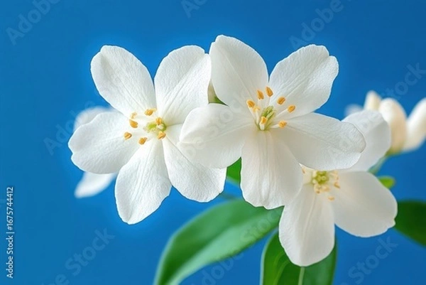 Fototapeta Close-up of delicate white flowers with bright yellow stamens and fresh green leaves against a vivid blue background evoking freshness and purity