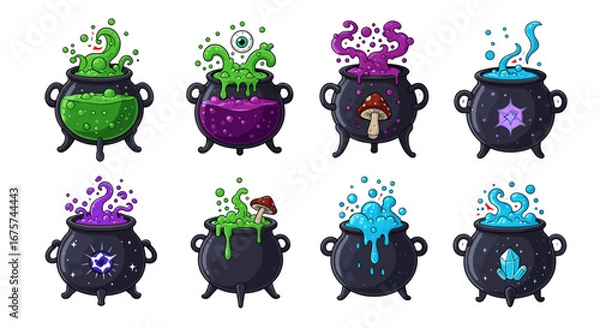 Fototapeta Collection of mystical cauldrons, each brimming with bubbling potions and magical ingredients. A visual treat for Halloween or fantasy themes. 