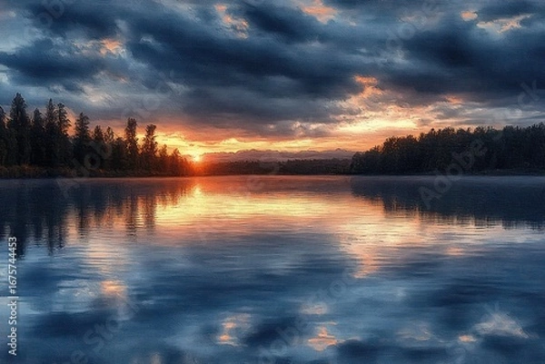 Fototapeta Serene lake at sunset with calm water reflecting vibrant orange and blue sky, surrounded by dark silhouetted forest and distant mountains under dramatic clouds
