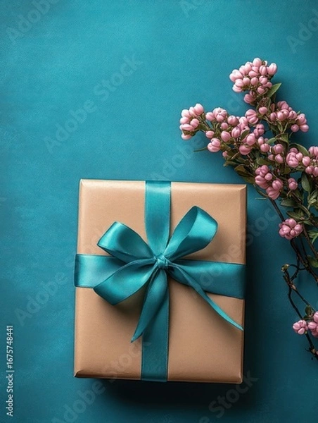 Fototapeta neatly wrapped golden gift box with a shiny teal ribbon and bow placed on a teal surface next to a branch of delicate pink berries and green leaves
