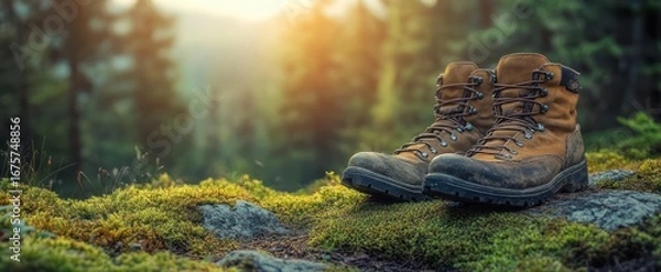 Fototapeta Worn hiking boots resting on moss-covered ground in a sunlit forest with soft sunlight filtering through trees