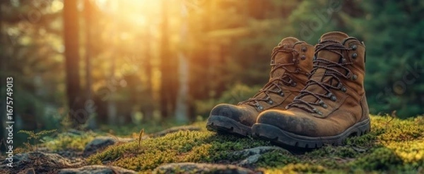 Fototapeta Worn brown hiking boots resting on mossy forest ground with sunlight filtering through trees in the background