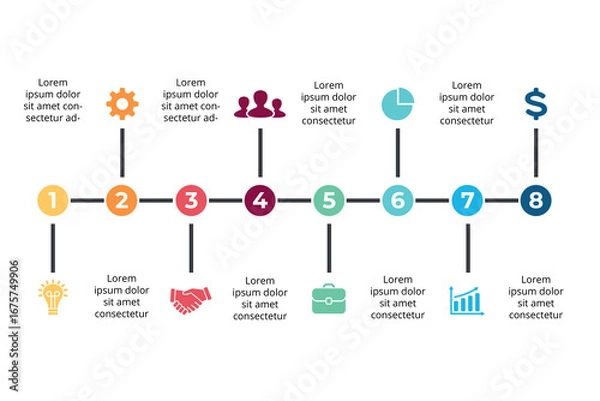 Fototapeta Colorful  Infographic Chart design with Eight-Step  Business and Workflow Presentation.