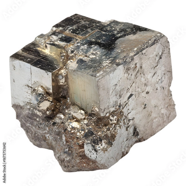 Fototapeta Close up of a natural pyrite mineral crystal cube with metallic luster showcasing its cubic structure isolated on transparent background