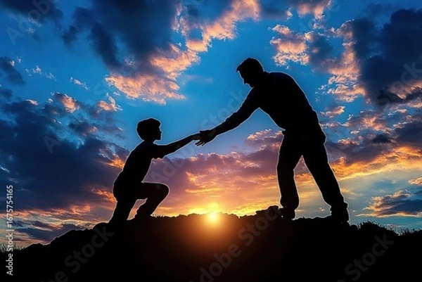 Fototapeta Silhouettes of an adult helping a child climb up a hill during a colorful sunset with dramatic clouds