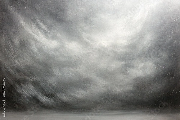 Fototapeta dark gray stormy sky with swirling heavy clouds over flat horizon under dim light