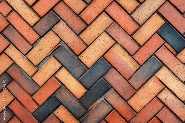Fototapeta Close-up of a textured brick wall with a herringbone pattern featuring varying shades of red, orange, and dark gray bricks creating a visually striking geometric design