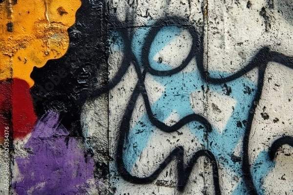 Fototapeta colorful abstract graffiti with black curved lines on weathered concrete wall featuring orange, red, purple, and blue painted areas conveying urban street art expression