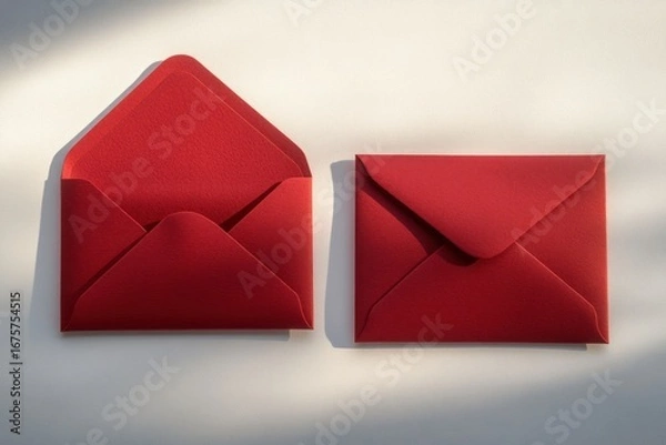 Fototapeta Two red envelopes on a white surface with one envelope opened and the other closed, casting soft shadows in natural light
