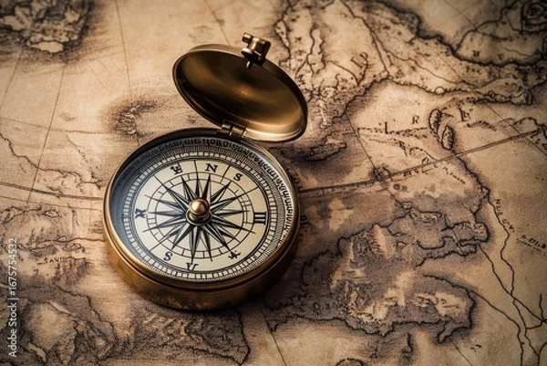 Fototapeta Vintage brass compass with open lid placed on an old weathered map conveying exploration and adventure