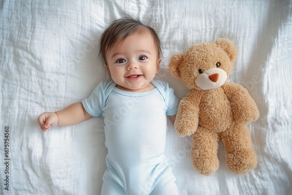 Fototapeta Happy baby lying on white bed next to a soft brown teddy bear, smiling joyfully with bright eyes and wearing a light blue onesie