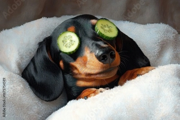 Fototapeta black and brown dachshund dog lying comfortably wrapped in a soft white blanket with cucumber slices placed over its eyes expressing relaxation and calmness
