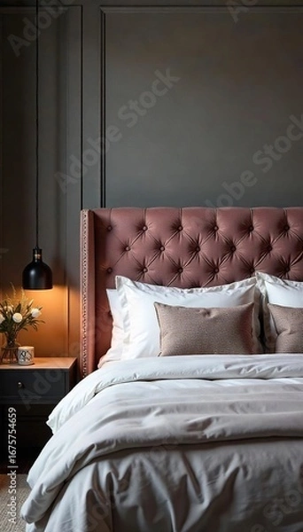 Fototapeta Luxurious upholstered headboard in a modern bedroom, featuring a plush velvet texture and sophisticated button tufting Perfect for interior design inspiration , fabric, space