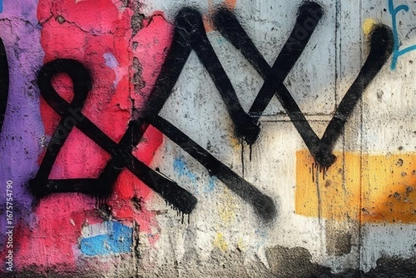 Fototapeta Colorful graffiti art with bold black abstract lines on a weathered concrete wall showing paint drips and rough texture