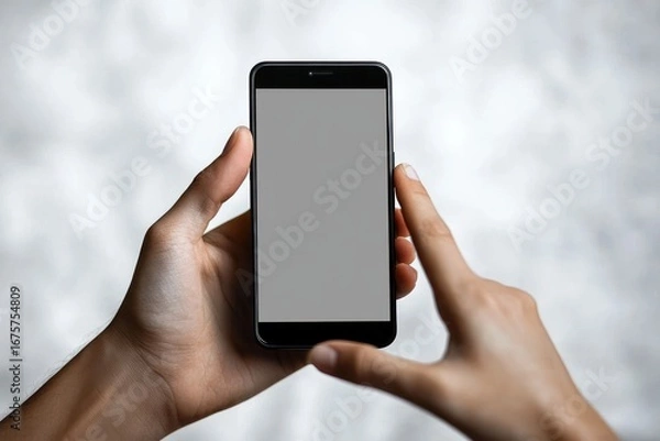 Fototapeta Person holding and interacting with a black smartphone with a blank screen against a soft blurred background