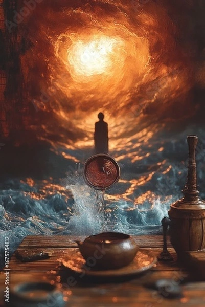 Fototapeta Mysterious silhouette standing before a glowing fiery sky over turbulent ocean waves with traditional vessels and cups in the foreground, evoking a sense of wonder and contemplation