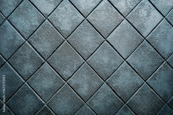 Fototapeta Close-up of textured blue square tiles arranged diagonally creating a geometric patterned wall