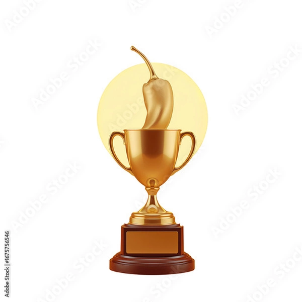 Fototapeta Golden trophy with a stylized pepper figure radiating on a transparent isolated background